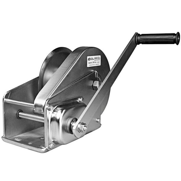 A close-up of a silver metal OZ Lifting hand winch with a black handle.