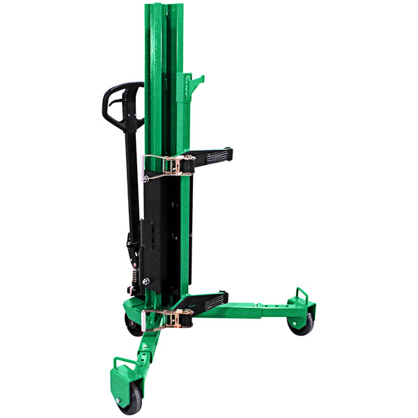 A green and black Valley Craft Barrel Hawk III drum lifter with wheels.