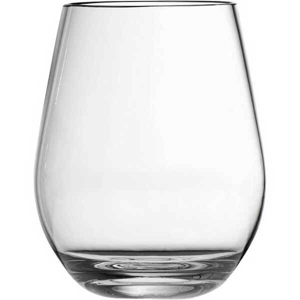 A close up of a clear Fortessa Tritan plastic stemless wine glass.