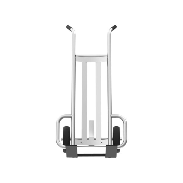 A white and aluminum hand truck with black wheels.