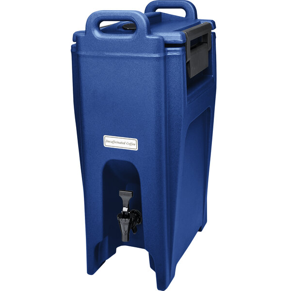A navy blue Cambro insulated beverage dispenser with a black lid and dispenser.
