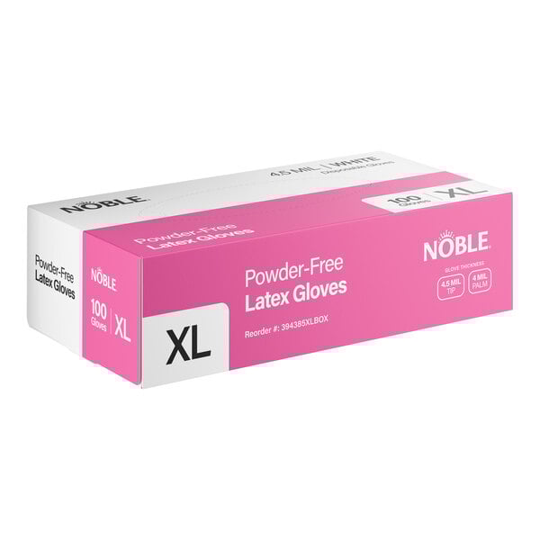 A box of Noble powder-free disposable latex gloves, extra large size, containing 100 gloves.