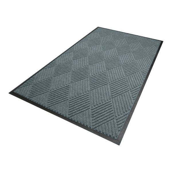 A rectangular mat with a diamond pattern texture, blue-gray color, and a black border.