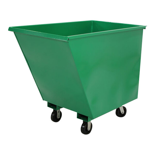 A green steel Valley Craft mobile hopper with black wheels.