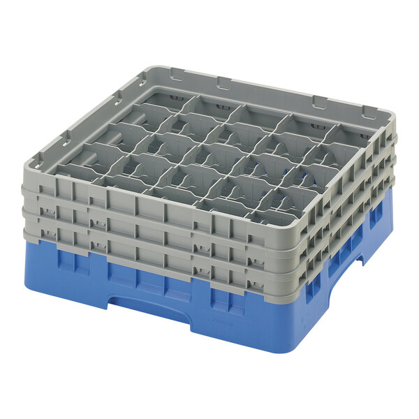 A blue plastic Cambro glass rack with 25 compartments and 3 extenders.