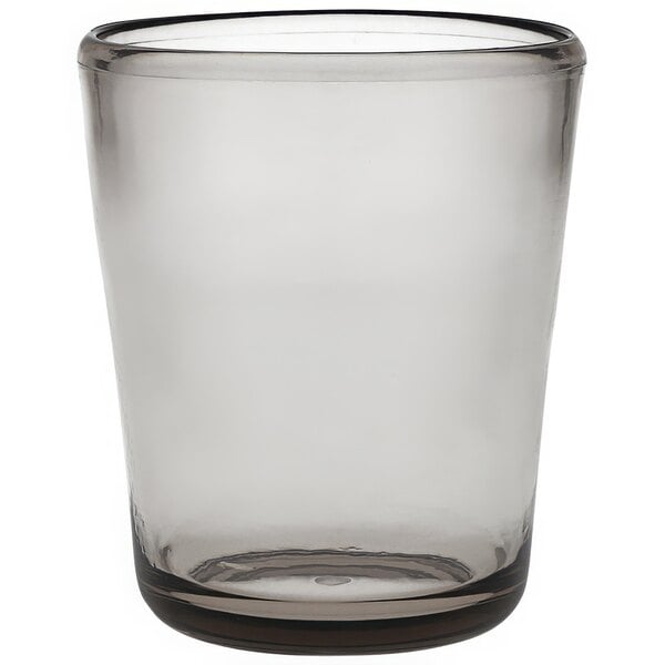 A clear Fortessa Veranda Tritan plastic double old fashioned glass with a black rim on a white background.