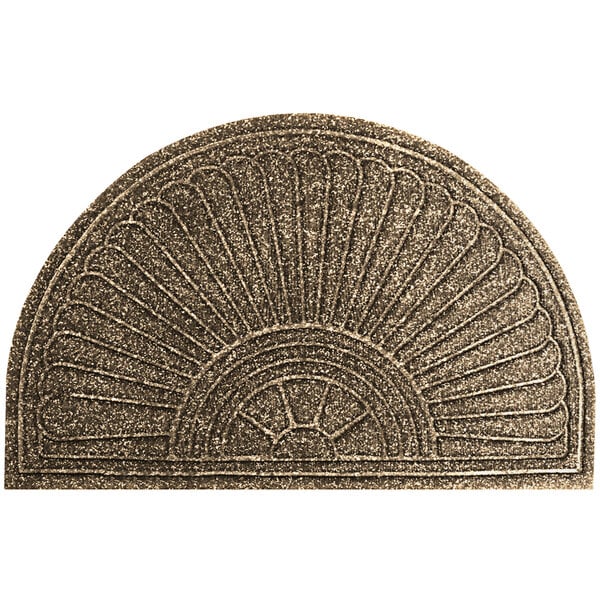 A close-up of a khaki M+A Matting WaterHog Eco half oval doormat with a sun design.
