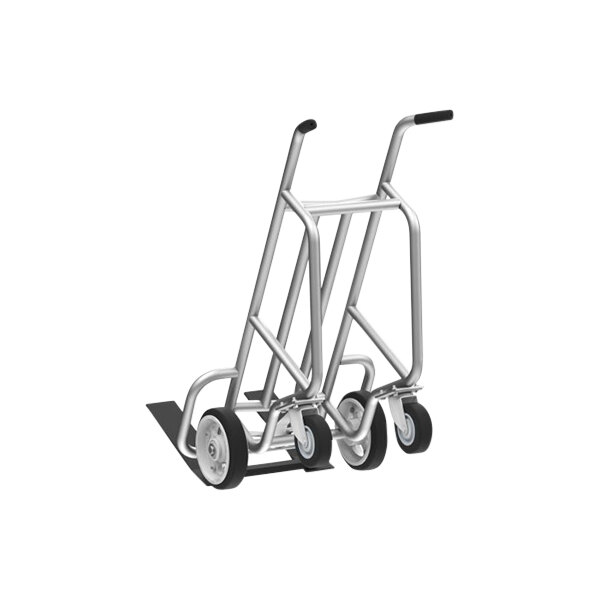 A close-up of a Valley Craft aluminum deep frame pallet truck with 2 rubber wheels and 2 swivel casters.