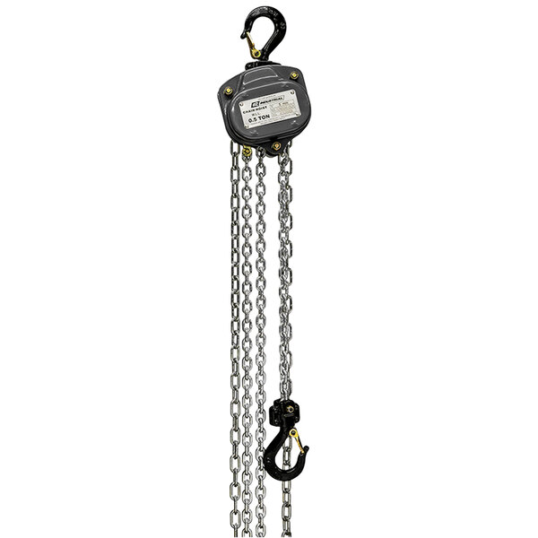 An OZ Lifting Products chain hoist with a chain and hook.