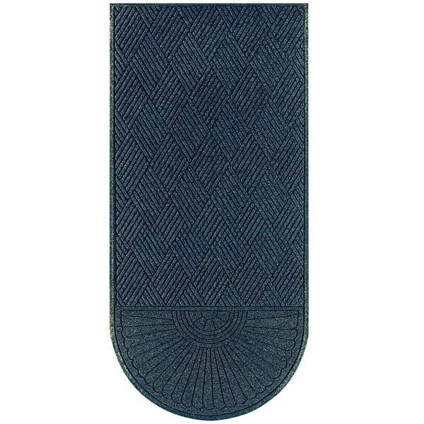 A close-up of a blue M+A Matting WaterHog Eco Grand door mat with a diamond pattern.