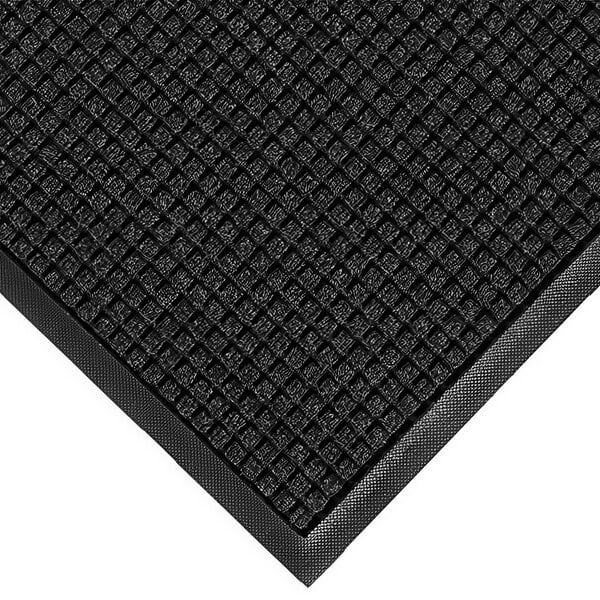 A close up of a WaterHog charcoal mat with a square pattern and black rubber border.