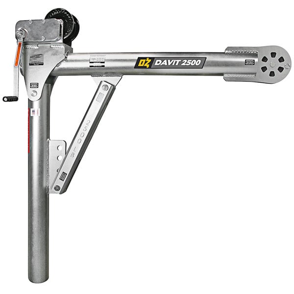 An OZ Lifting Products steel davit crane with a manual winch on a metal pole with a lever.