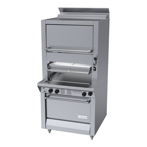 An upright stainless steel commercial infrared broiler with standard and finishing ovens, designed for heavy-duty use.