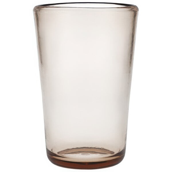 A clear Fortessa Tritan plastic highball glass with a brown rim.