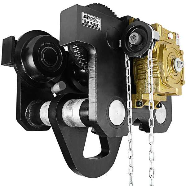 A close-up of a black and gold metal OZ Lifting Products 30 Ton Geared Beam Trolley with chain attached.