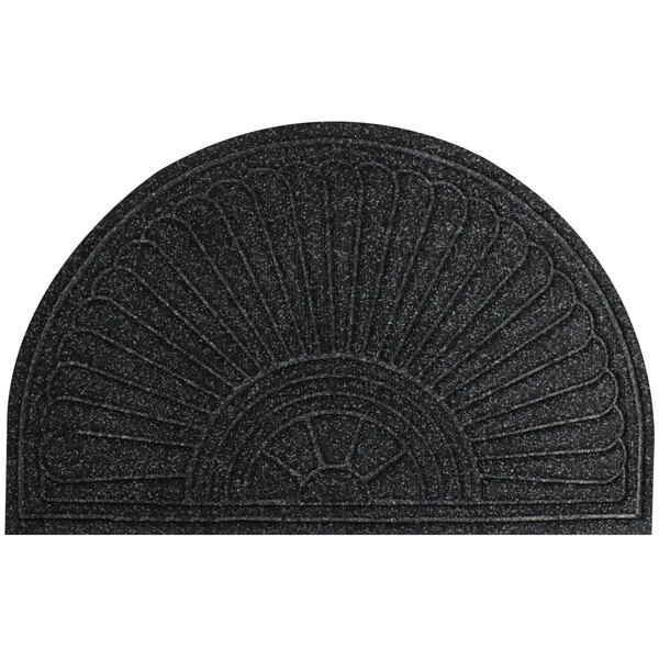 A black doormat with a fan shaped design.