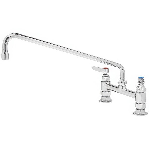 A chrome T&S deck-mounted faucet with lever handles and an 18" swing nozzle.