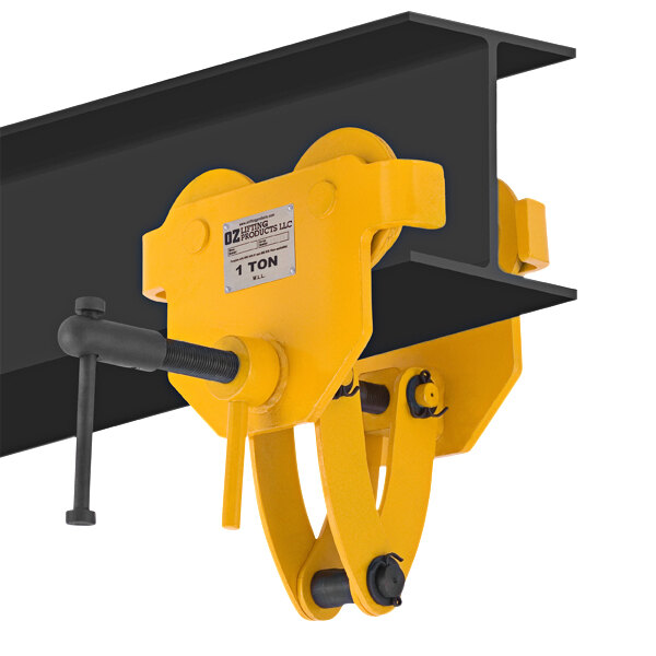 A yellow and black OZ Lifting Products 1 Ton Quick Adjust Trolley.