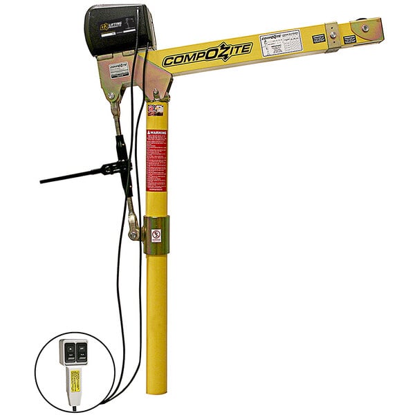 A yellow OZ Lifting Products Compozite davit crane with a black handle and a cable attached.