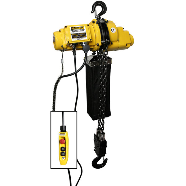 A yellow OZ Lifting electric chain hoist with a cable attached.