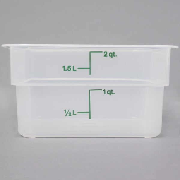 A Cambro translucent plastic square food storage container with measurements on the side.