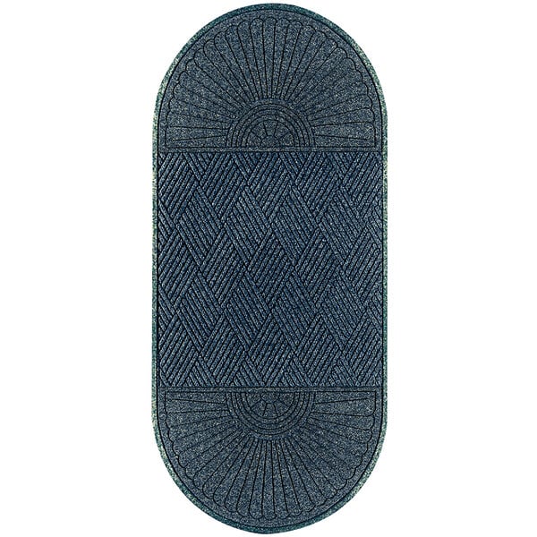 A blue rectangular WaterHog mat with an oval design in the center.