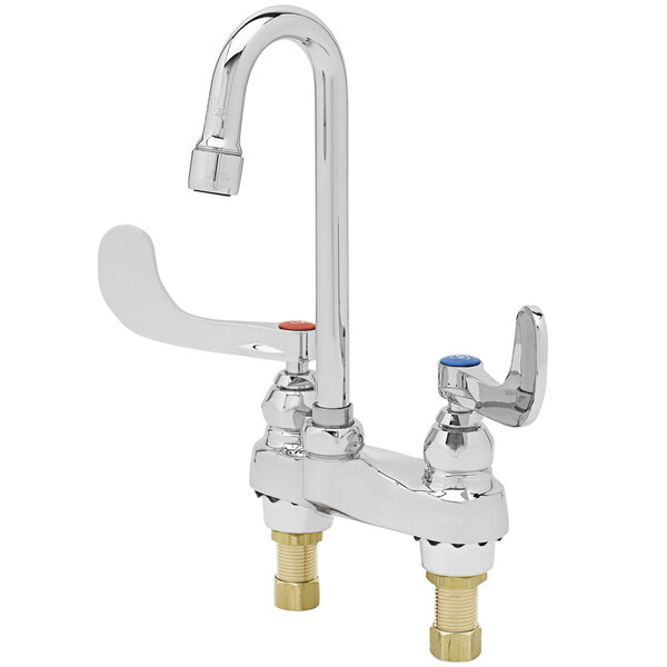 A chrome T&S medical faucet with two wrist-action handles.