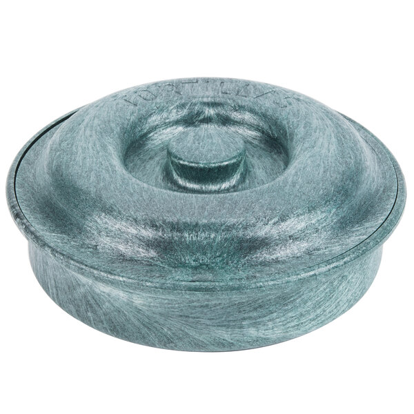 An HS Inc. Tortilla Pleezer, a round metal container with a round top.