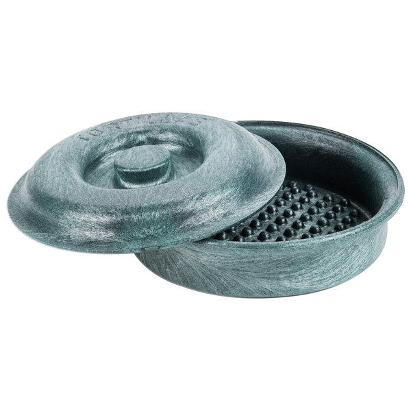 A green polyethylene round bowl with a lid.