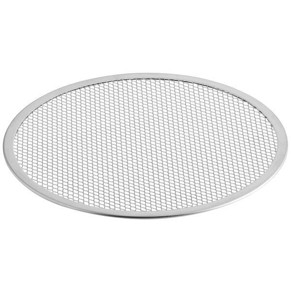 A close-up of a metal mesh pizza screen.