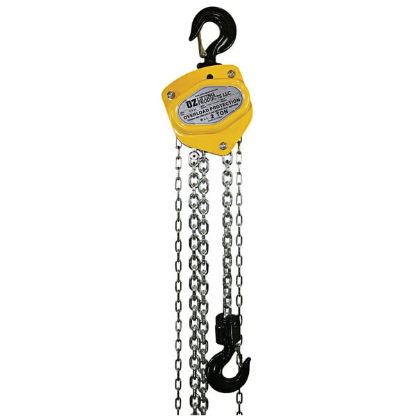 A white OZ Lifting chain hoist with a yellow chain and handle.