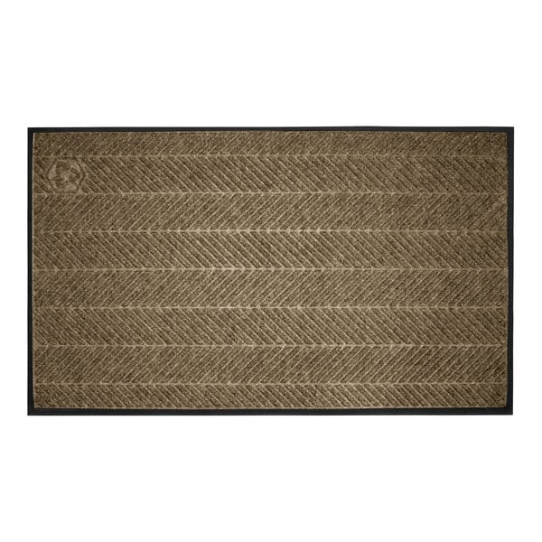 A rectangular brown mat with a herringbone pattern and a black border.
