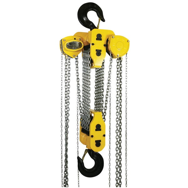 A yellow OZ Lifting chain hoist with two hooks and a chain.