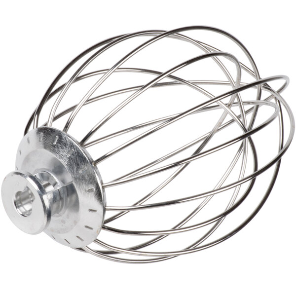 A Globe stainless steel wire whip with a metal wire ball and a nut.