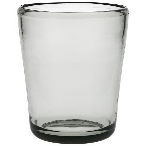 A clear Fortessa Veranda Tritan plastic rocks glass with a green bottom on a white background.