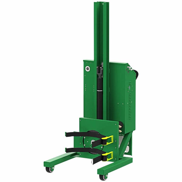 A green Valley Craft battery powered drum lifter with wheels.