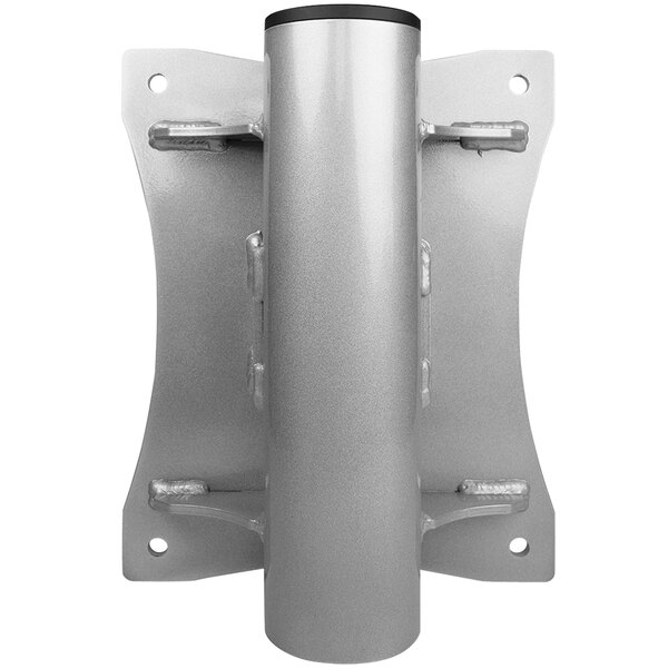 A silver metal wall mount bracket with two holes.