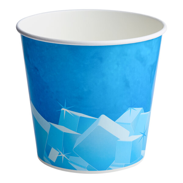 A blue disposable paper ice bucket with an ice cube design.
