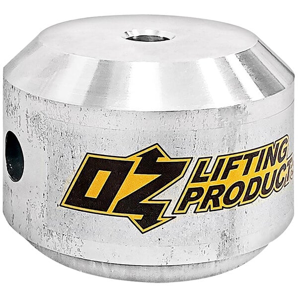 A round silver metal OZ Lifting Products Headache Ball with yellow text.