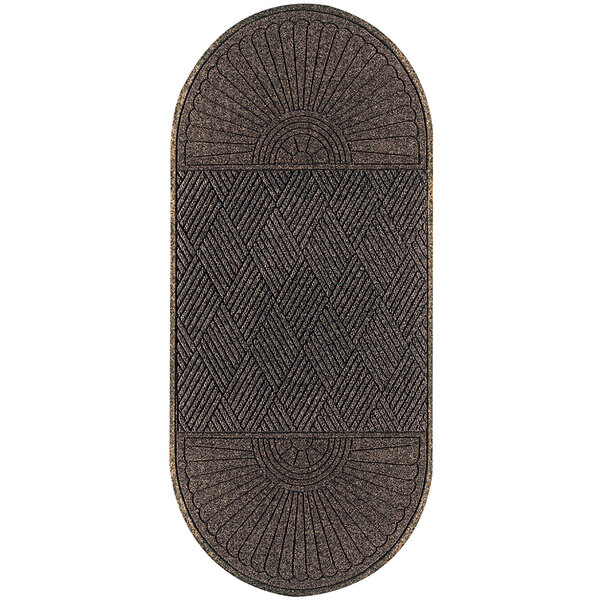 A brown rectangular WaterHog doormat with an intricate diamond design.