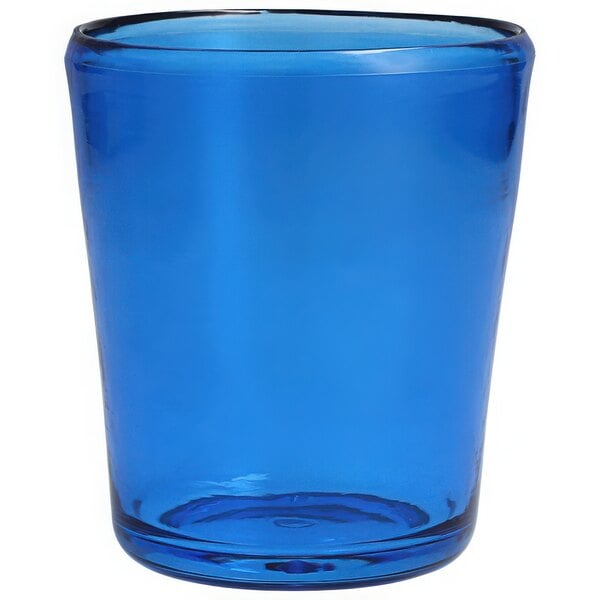 A blue Fortessa Tritan plastic rocks glass.