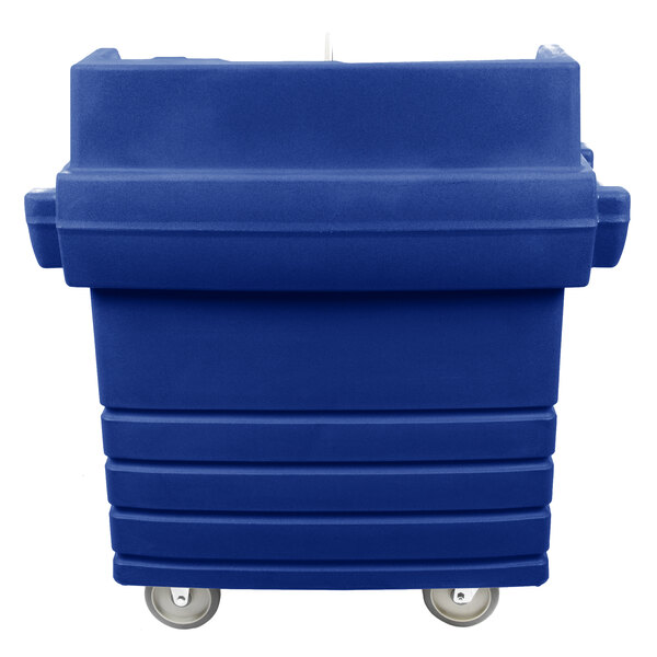 A navy blue plastic CamKiosk with wheels.