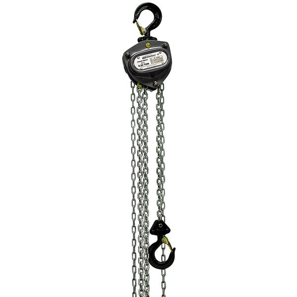 An OZ Lifting Products chain hoist with a white label attached to the chain.