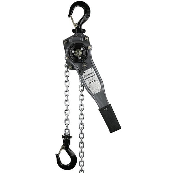 The chain and hook of an OZ Lifting Products Industrial Series manual lever hoist.