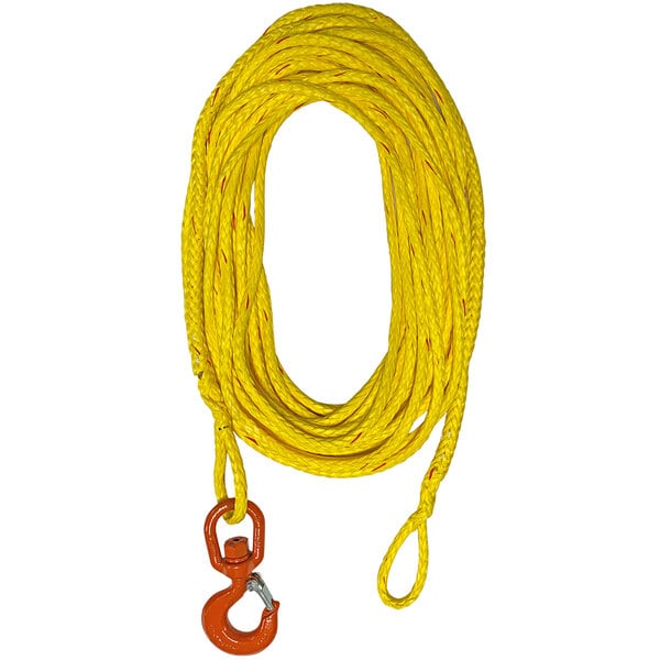 A yellow synthetic wire cable assembly with a hook.