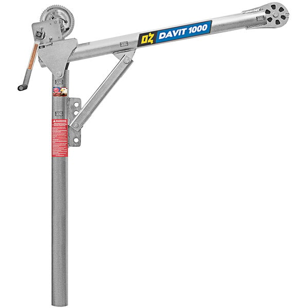 An OZ Lifting Products metal davit crane pole with a manual winch.