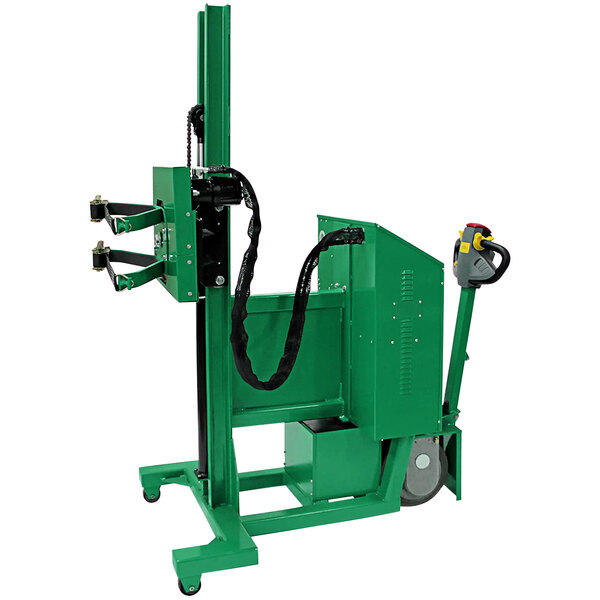 A green Valley Craft battery-powered steel drum lifter with a handle and black strap connection.