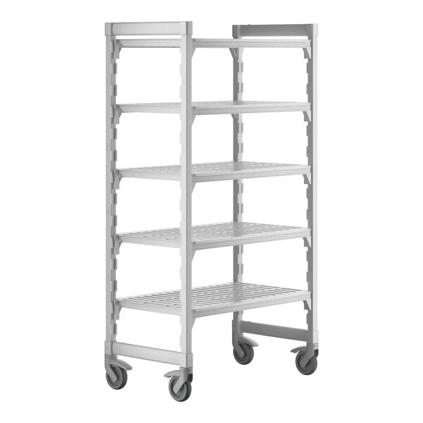A white metal Camshelving® Premium mobile shelving unit with 5 shelves.