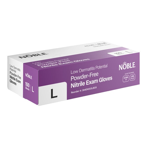 A box of Noble Low Dermatitis Potential Powder-Free Nitrile Exam Gloves in large size, containing 100 gloves.