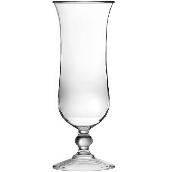 A clear Fortessa Tritan plastic hurricane glass with a black rim on a white background.